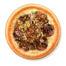 17. HOT MY PIZZA - 40cm; Kaste, Juust Mozzarella, Sink, Salaami, Küüslauk, Sibul, Paprika, Jalapeno