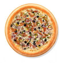 20. MAFIOZO - 20cm; Соус, сыр Моцарелла, Ветчина, Бекон, Паприка, Помидоры, Лук, Оливки