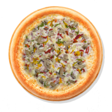 14. ROYAL PIZZA - 30cm; Соус, Сыр Моцарелла, Ветчина, Копчёная курица, Паприка, Шампиньоны, Ананас
